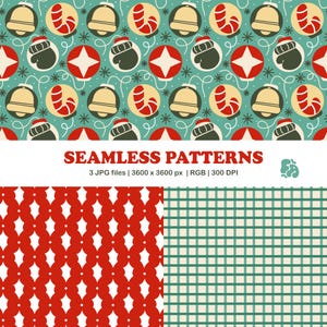 Pode incluir: Uma coleção digital de três padrões sem costuras com um fundo azul-petróleo com ícones de Natal como sinos, bengalas doces e luvas, um design vertical de folhas de azevinho vermelhas e brancas e um padrão de grade verde e branco. Texto: SEAMLESS PATTERNS.