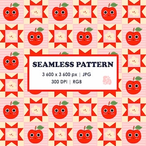 Kawaii Apple Seamless Pattern, Apple Digital Paper, Cute Apple Print, Patchwork Seamless, Fruit Pattern, Red Apple, Kids Fabric Design