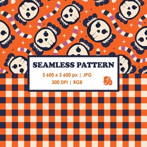 Pode incluir: Um padrão sem costuras com crânios brancos com detalhes pretos e caudas listradas num fundo laranja, ao lado de um padrão xadrez preto e laranja. Uma etiqueta retangular branca exibe o texto SEAMLESS PATTERN 3 600 x 3 600 px | JPG 300 DPI | RGB.