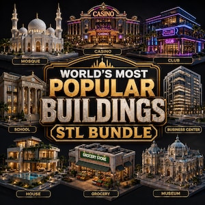 Peut inclure: Une collection numérique intitulée World's Most Popular Buildings STL Bundle présentant des modèles 3D d'une mosquée, d'un casino, d'un club, d'une école, d'un centre d'affaires, d'une maison, d'une épicerie et d'un musée, chacun étiqueté.