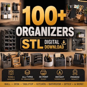 May include: A collection of 100+ digital STL files for 3D printable desk, wall, and tabletop organisers. The image displays various modular storage units, including pegboards, multi-compartment holders, and drawer systems in wood and dark plastic.