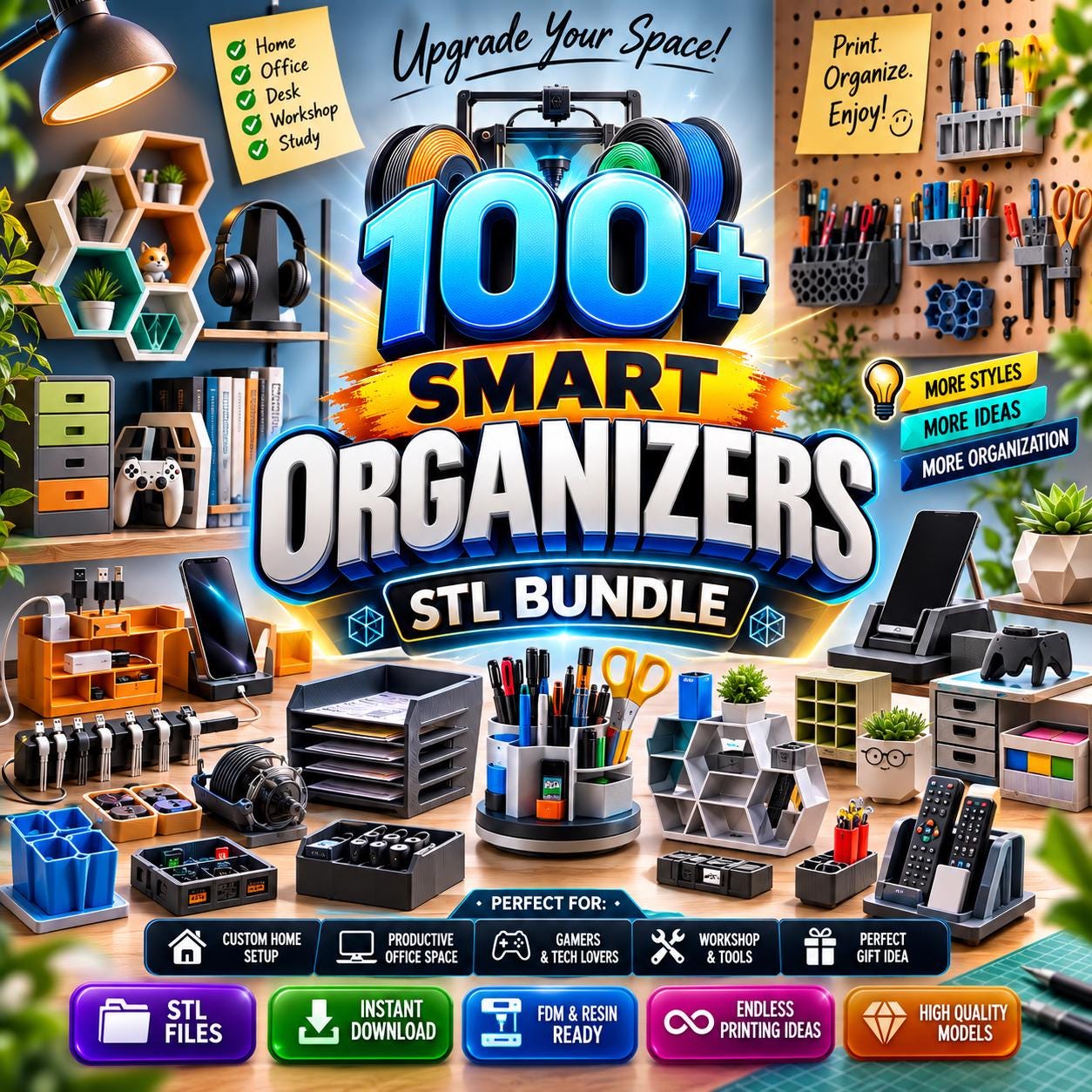 100+ Organizer STL Bundle, Desk Storage & Office Organizer 3D Print Files, Pen Holder, Cable Organizer, Drawer Storage, Digital Download
