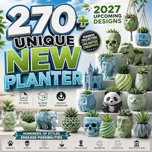 Paquete de más de 270 archivos STL para macetas, archivos únicos para impresión 3D, macetas para plantas de interior y exterior, macetas geométricas con forma de calavera de animal, descarga digital.