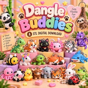 May include: A collection of colorful animal keychains including a panda, sloth, dragon, shark, bee, unicorn, turtle, fox, octopus, cow, chick, highland cow, elephant, tiger, rabbit, frog, and ladybug, with text reading Dangle Buddies.