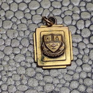 May include: A rectangular gold-toned metal pendant featuring a central shield emblem. The shield displays a sun, a bell, and an oil lamp, with the text Zeta Mu Epsilon inscribed on a banner below. A small metal jump ring is attached to the top.