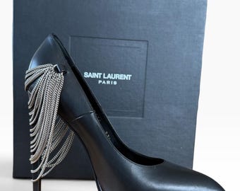 Rare Saint Laurent Janis Long Chain Runway Platform Pumps Black Leather 37.5 Box YSL