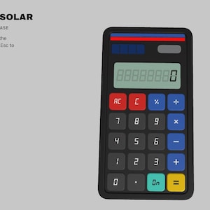 Può includere: Una calcolatrice nera etichettata CHRONO-LCD CX-8 SOLAR con schermo LCD a 8 cifre, cella solare e custodia in resina. La tastiera presenta tasti rossi, blu, grigio scuro, verde acqua e gialli. Un pulsante blu riporta la scritta DOWNLOAD STL.
