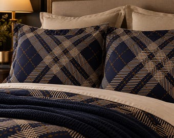 Navy Beige Plaid Pattern Microfiber Pillow Sham
