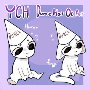 Op de afbeelding: Digitale illustratie met twee witte figuren die witte punthoeden dragen met het woord DUNCE erop gedrukt. De tekst YCH Dunce Hat OC Art staat bovenaan, met de labels Human en furry bij elk personage op een lichtpaarse achtergrond.