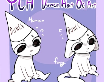 May include: Digital illustration titled YCH Dunce Hat Oc Art featuring two white characters wearing white conical hats with the word DUNCE written on them. One character is labelled Human and the other is labelled furry, both with large dark eyes.