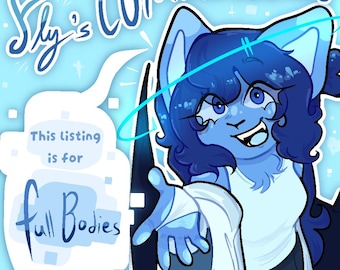 May include: A digital illustration of a blue-furred anthropomorphic character with dark blue hair, wearing a white top, reaching forward. Text reads: Fly's COMMISSIONS and This listing is for full bodies. The background is light blue with white squares.
