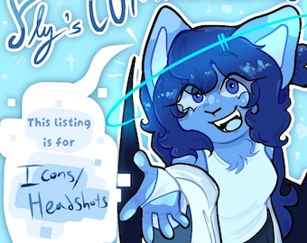 Op de afbeelding: Een digitale illustratie van een blauw antropomorf personage met donkerblauw haar, gekleed in een wit topje, dat naar voren reikt. De tekst luidt Fly's COMMISSIONS en This listing is for Icons/Headshots. De achtergrond is lichtblauw met kleine witte vierkantjes.
