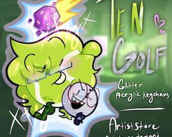 Op de afbeelding: Een glitter acryl sleutelhanger met een groene tennisbalfiguur met een blauwe bril en een witte golfbalfiguur met een rode bril. De tekst luidt Ten Golf, Glitter Acrylic Keychains, Artist store print on demand, designed by ME.