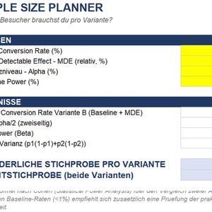 Puede incluir: Una hoja de cálculo digital para planificar el tamaño de la muestra con encabezados azules y filas blancas. Incluye campos de entrada para la tasa de conversión base, MDE, alfa y potencia, junto con resultados calculados de Z y muestras.