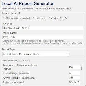 Peut inclure: Une interface logicielle intitulée Local AI Report Generator comprenant une section Local AI Backend avec des boutons radio pour Ollama, LM Studio et Custom/vLLM, un champ API URL, un champ nom de modèle et un menu déroulant Report Type.