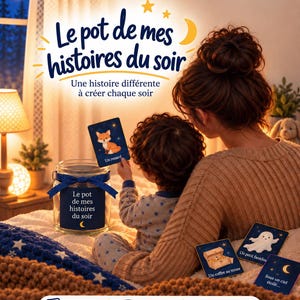 Può includere: Un barattolo di vetro con un nastro blu e un'etichetta con la scritta Le pot de mes histoires du soir, accompagnato da 55 carte illustrate con una volpe, un fantasma e uno scrigno, con testo che indica 55 carte e un'età di 3-8 anni.