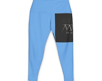 Pantalones de yoga azul claro con panel de logo negro / Leggings con estampado integral