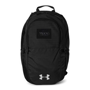 May include: A black backpack featuring a top handle, adjustable shoulder straps, and multiple zippered compartments. The front displays a rectangular patch with the text MUOG IN ALL STREETS and a white Under Armour logo at the bottom base.