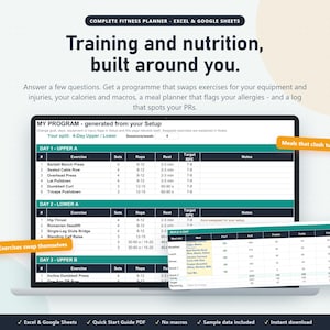 May include: A digital fitness planner for Excel and Google Sheets titled Training and nutrition, built around you. The interface displays a workout program with exercise lists, sets, reps, and rest times, alongside a meal planner table with nutritional data.