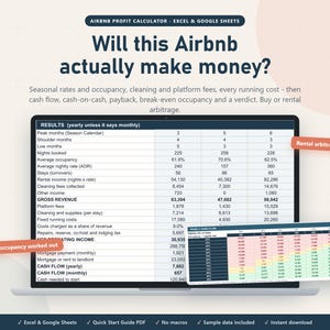 May include: An Airbnb profit calculator spreadsheet for Excel and Google Sheets displayed on a laptop screen. The interface shows financial data tables, including gross revenue, operating income, and cash flow, with text labels for rental arbitrage and break-even occupancy.