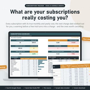 May include: A digital subscription tracker template for Excel and Google Sheets displayed on a laptop screen. The dashboard features tables and charts showing monthly costs, active subscriptions, next charges, and free trial warnings.