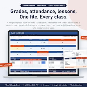 Teacher Grade Book Spreadsheet | Weighted Grades, Attendance Tracker, Lesson Planner, Report Card Template (Excel and Google Sheets)