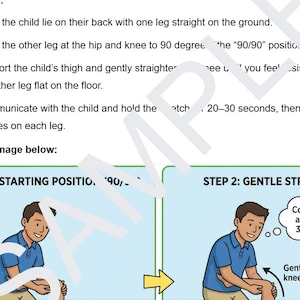 May include: An instructional graphic featuring two panels showing a physical therapy exercise. Step 1 shows the starting position, and Step 2 shows a gentle stretch with text bubbles that read: Communicate and hold for 30 seconds and Gently straighten knee until resistance.
