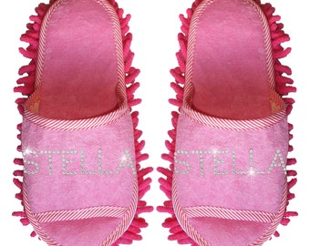BLUE TOWELING DIAMANTE FASHION SLIPPERS PERSONALISED WITH RHINESTONES