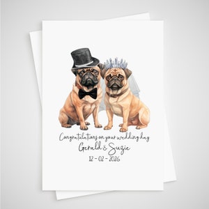Tarjeta de boda personalizada con diseño de perro Pug para novios