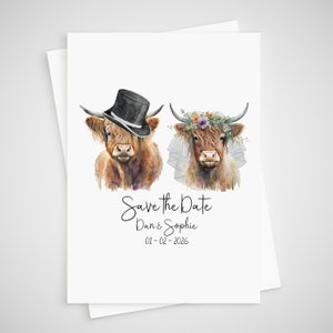 Réservez votre carte de mariage vache pour date personnalisée Highland Bride & Groom
