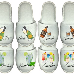 May include: Set of six white slippers with personalized names and drink designs. The slippers feature a champagne bottle and glass, a whiskey bottle and glass, and a variety of cocktails.