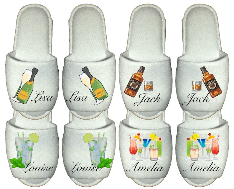 May include: Set of six white slippers with personalized names and drink designs. The slippers feature a champagne bottle and glass, a whiskey bottle and glass, and a variety of cocktails.