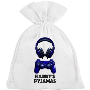 May include: White drawstring bag with a blue video game controller and headphones printed on it. The text "HARRY'S PYJAMAS" is printed below the controller and headphones.