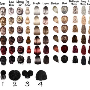 May include: A chart with different hairstyles and hair colors. The hairstyles include twist, low bun, messy bun, top knot, straight, layers, shoulder, short, mid-length wavy, long wavy, and long layers. The hair colors include platinum, blonde, dark blonde, brown, red, and black.