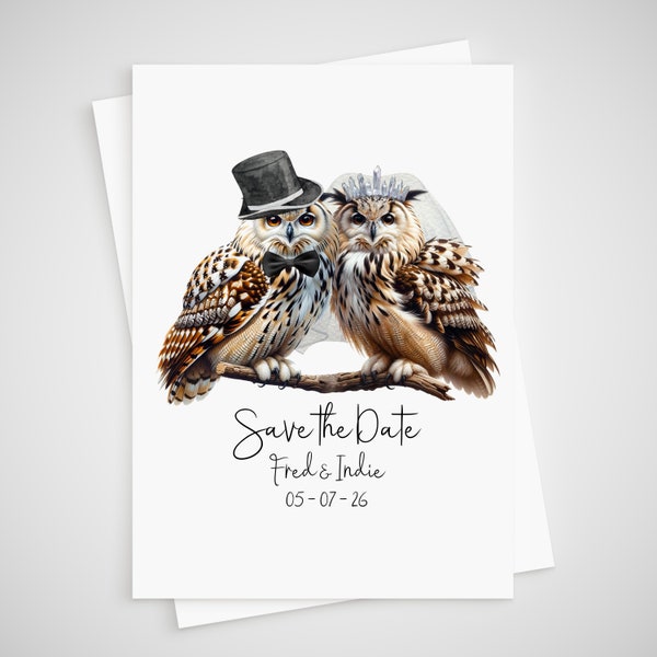 Save the Date Owl Wedding Card Personalised Bride & Groom