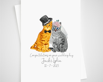 Cat Wedding Card Personalised Bride & Groom - orange tabby silver