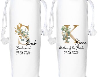Wine Bottle Bag Personalised Eucalyptus Gold Monogram Bridesmaid Gift Maid of Honour Wedding