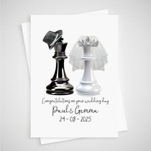 Tarjeta de boda de ajedrez personalizada con el rey y la reina