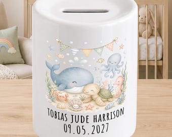 Personalised Baby Money Box 'Under the Sea' - New baby Savings piggy bank - gift for newborn