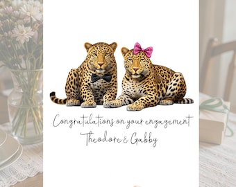 Personalisierte Verlobungskarte mit Leopardenmotiv für die Großkatzen-Safari