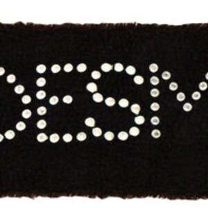 May include: Black headband with the word "BRIDESMAID" spelled out in white rhinestones.