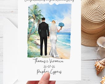 Carte de mariage sur la plage, destination personnalisée des mariés