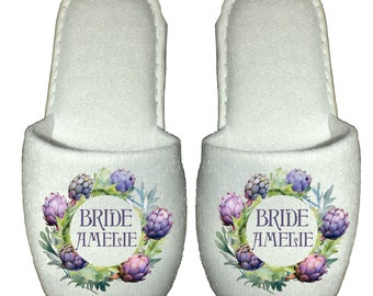 Personalised Bride Slippers Artichoke Blooming Frame Wedding Bridesmaid Spa Hotel Maid of Honour Wreath