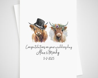 Carte personnalisée mariage vache Highland Bride & Groom