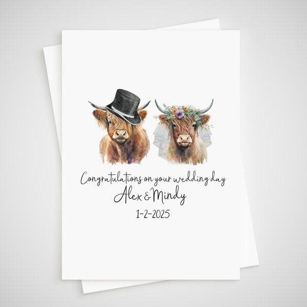 Carte personnalisée mariage vache Highland Bride & Groom