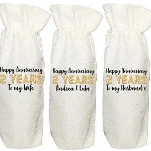 Personalised 2 year anniversary wine gift bag - second wedding anniversary linen cotton
