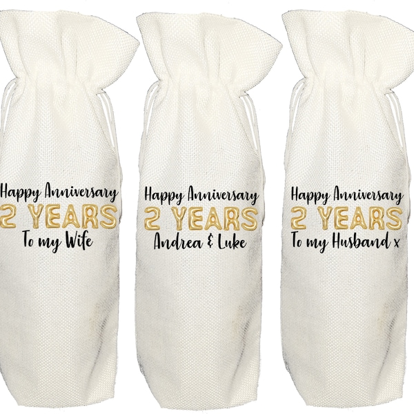 Personalised 2 year anniversary wine gift bag - second wedding anniversary linen cotton