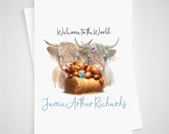 Highland Cow New Baby Card Personalised Boy Newborn Welcome to the World