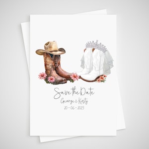 Reserve a data Cartão de casamento de cowboy Botas de cowgirl personalizadas Noivos country