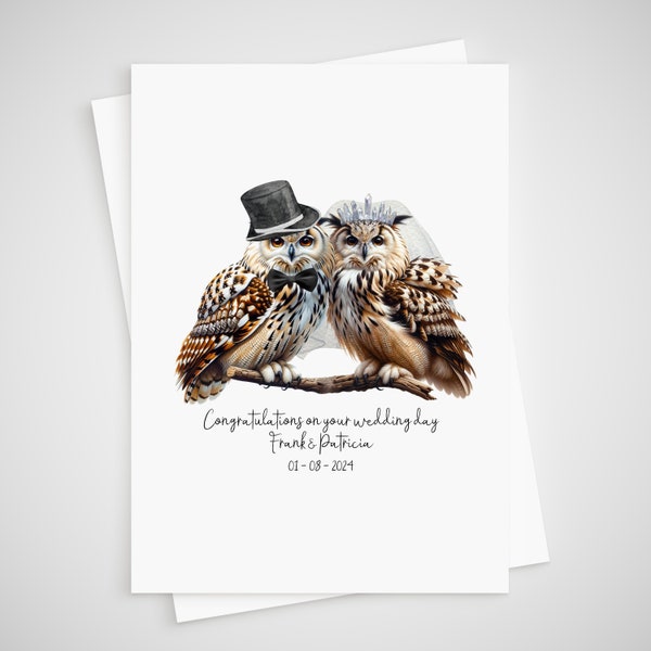 Personalised Owl Wedding Card Bride & Groom